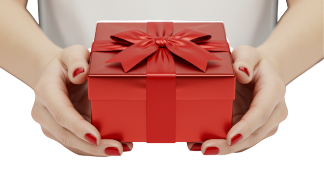 Isolated Image of Red Gift Box with Bow Held in Female Hands PNG