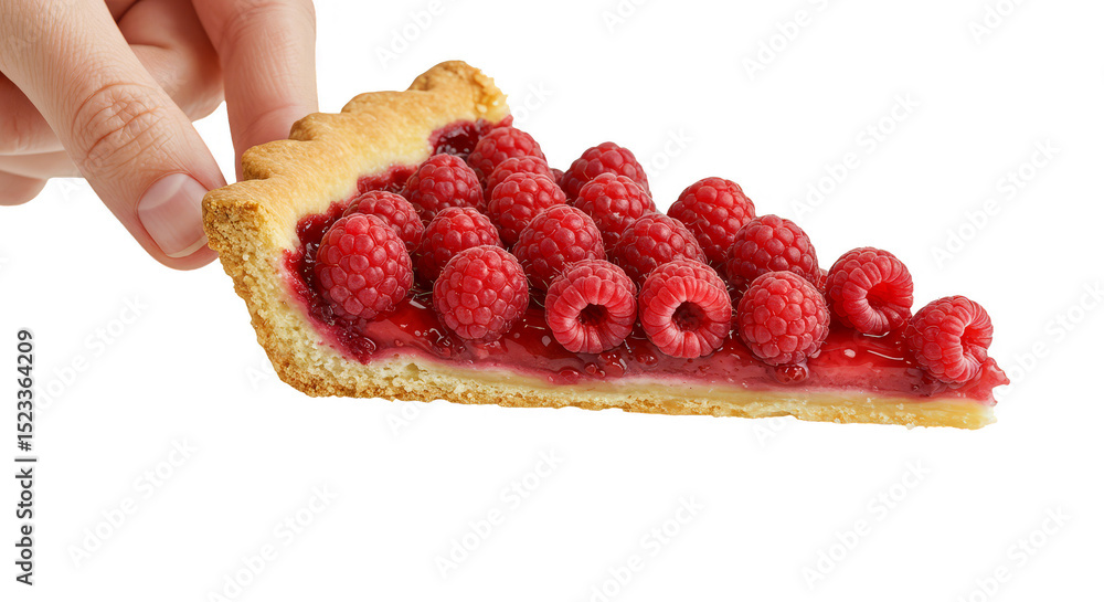 Aufkleber isolated raspberry tart pie slice held in hand on transparent background