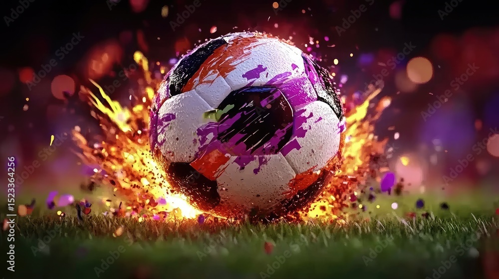 Poster a colorful painted ball explodes with energy on a grassy field with bokeh lights in the background