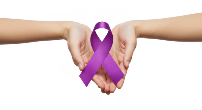 Illustration Purple Ribbon Held by Hands Promoting Awareness and Hope