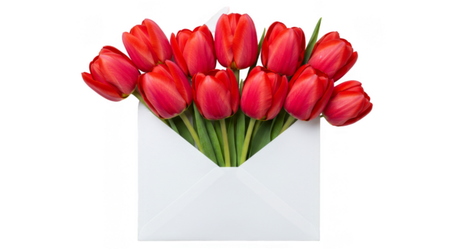 Isolated Red Tulips Flowers Bouquet in White Envelope on Transparent