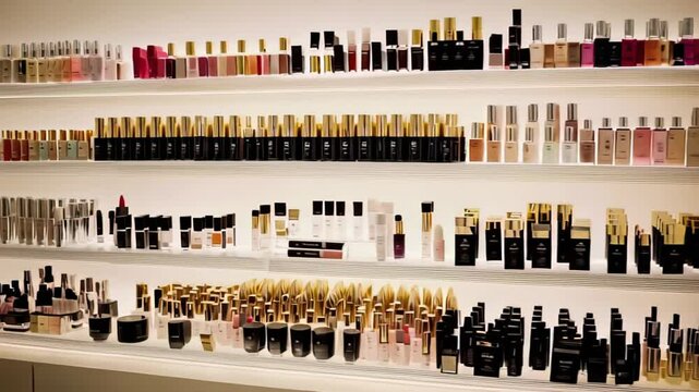 Rows of foundation, lipsticks, mascaras, and other cosmetics neatly arranged by type and color on minimalist white shelving against a clean background