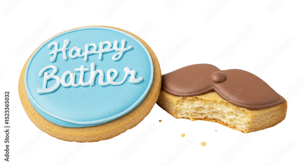 Poster isolated round cookie with text beside mustache cookie on transparent background