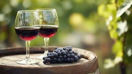 Two glasses of red wine on wooden barrel with grapes