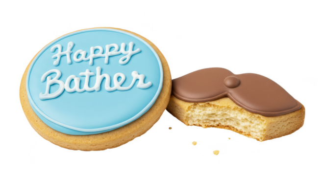 Isolated Round Cookie with Text Beside Mustache Cookie on Transparent Background