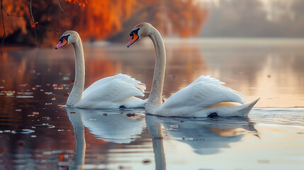 Fototapeta premium Tranquil Dusk: Majestic Swans Grace Glassy Waters