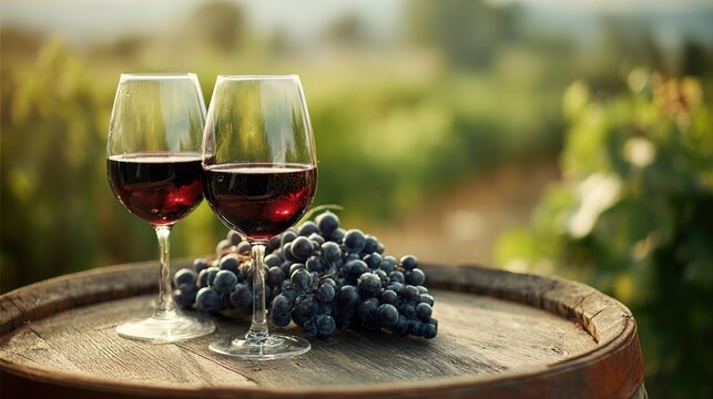 Two glasses of red wine on oak barrel with grapes - Powered by Adobe