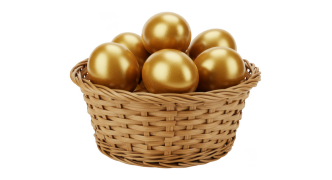Isolated Shiny Golden Balls in Wicker Basket Sphere on Transparent