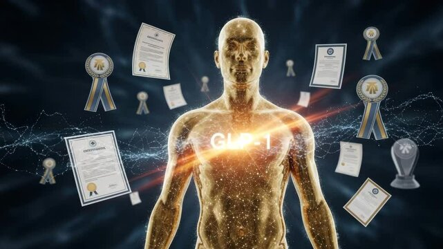 Radiant body stands in beam of light with ribbons, diplomas, and trophies floating around, symbolizing medical excellence and global recognition