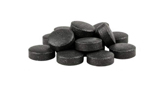 Isolated Pile of Black Lozenges Throat Medicine Health and Round Candy