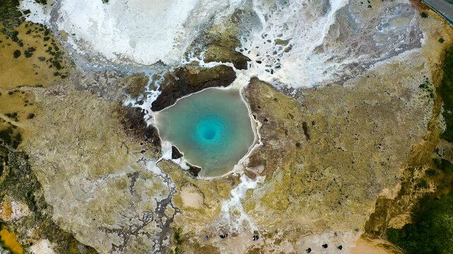 Aerial view of the  Geyser Geisir, inactive from 1990 and located in a geothermal area beside the Hv&iacute;t&aacute; River in the southwest part of Iceland.