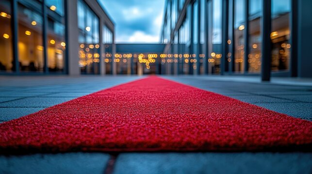 Red carpet with modern building entrance.