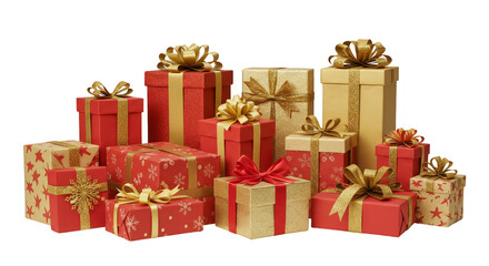 Isolated Still Life of Christmas Presents with Red and Gold Theme