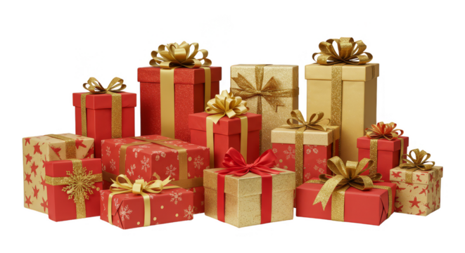 Isolated Still Life of Christmas Presents with Red and Gold Theme