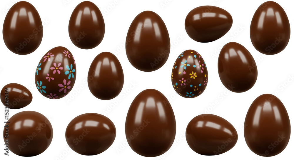 Poster isolated 3d rendering chocolate easter eggs with transparent background