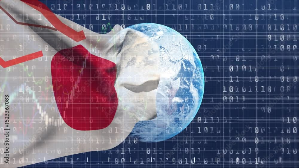 Poster billowing japanese flag unveiling rotating globe over binary grid tracking red green finance charts