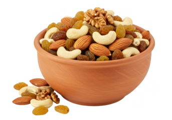 Isolated PNG Bowl Full of Healthy Nuts and Dried Fruits Transparent