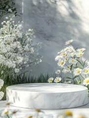 high resolution visual of Realistic blank empty stylish white marble products display podium with beautiful white daisy garden high detail 8k