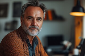 Obraz premium Confident Businessman with Gray Hair in Casual Attire Smiling in Thoughtful Home Office Portrait