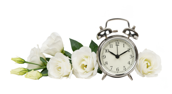 Isolated Still Life of White Roses and an Ornate Transparent Clock