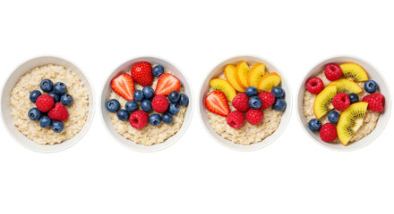 Isolated Png Of Four Oatmeal Bowls Topped With Berries And Fruits