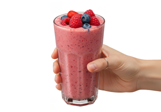 Isolated PNG of Berry Smoothie in Glass Held by Hand Transparent