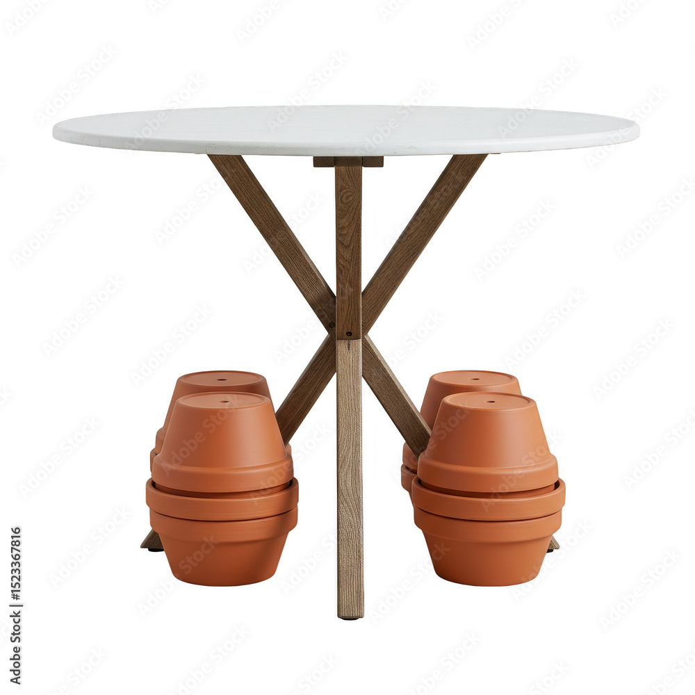 Poster isolated table with white top and clay pots on transparent background