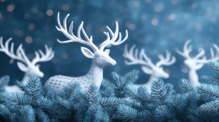 Group of white deer standing on green grass in a bright outdoor natural setting during daytime.