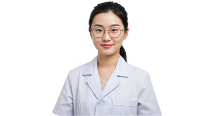 Isolated Portrait Asian Woman Doctor Wearing Glasses on Transparent Background