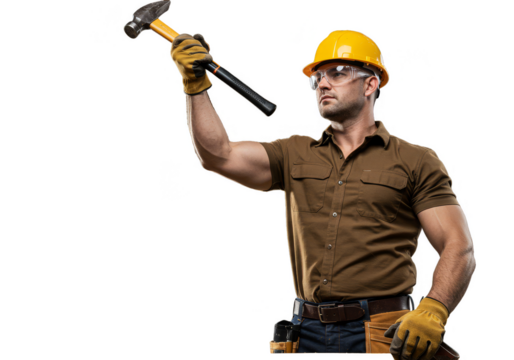 Isolated PNG Worker with Hammer Yellow Helmet on Transparent Background - Powered by Adobe