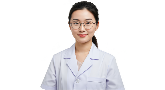 Isolated Portrait Asian Woman Doctor Wearing Glasses on Transparent Background