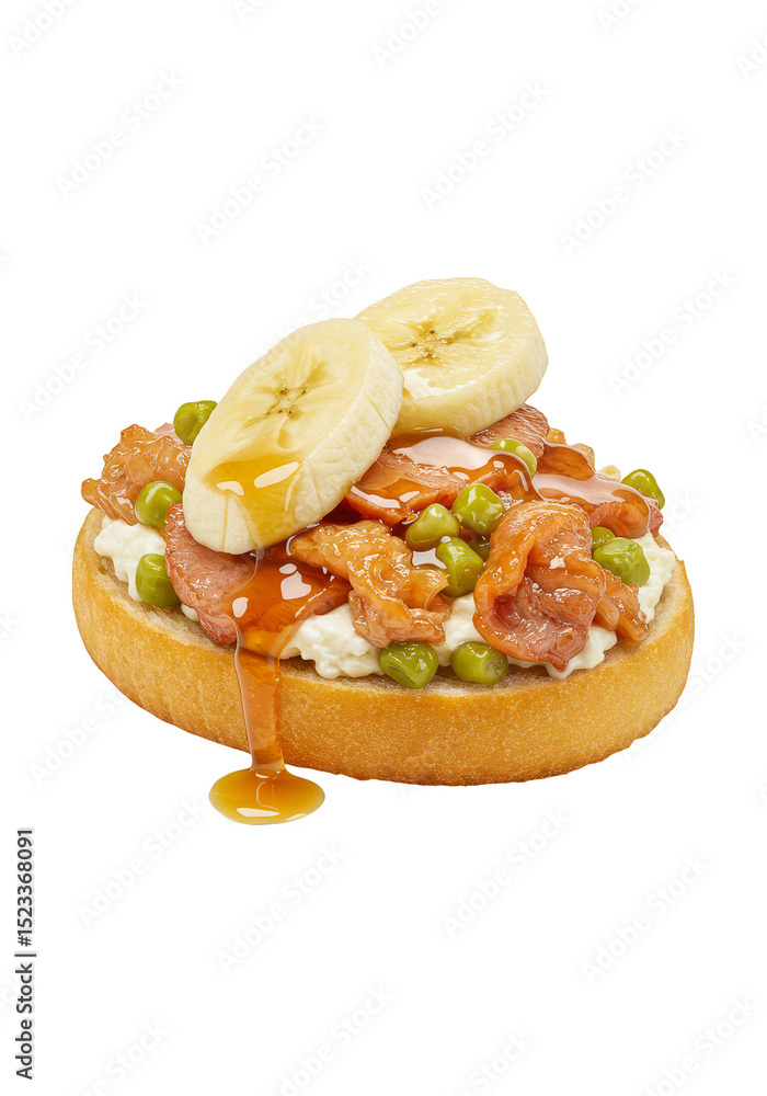 Aufkleber isolated toast with banana caramel and peas topping on transparent background