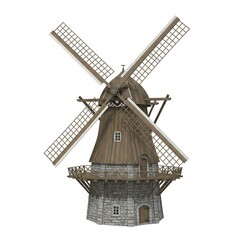 Classic Wooden Windmill, Rural Landscape, Isolated Background