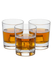 Isolated Three Glasses Whiskey with Ice Alcohol Transparent Background