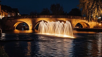 Illuminated fountain cascading beneath the old bridge at night showcasing serenity