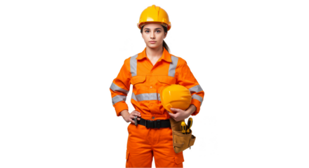 Isolated Portrait of Woman Construction Worker in Orange Uniform and Helmet