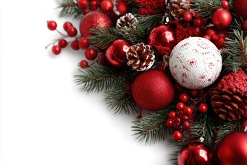 Red and white Christmas decoration with pine cones and festive balls on a white background.