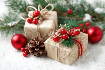 Two burlap-wrapped gifts decorated with red and green ornaments on a white background.