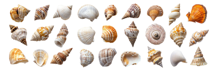 Collection of Colorful Sea Shells on White Background for Decoration, Isolated on Transparent, white background