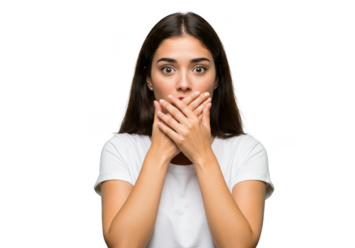 Isolated Portrait Of Young Woman Covering Mouth With Hands On Transparent Background