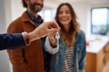 Real estate agent holding house keys in front of a young couple inside new apartment, handing them over