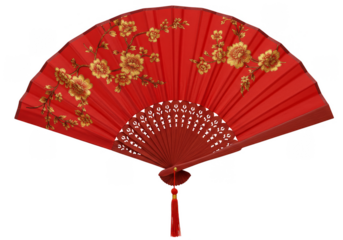 Isolated Red and Gold Chinese Floral Hand Fan with transparent background