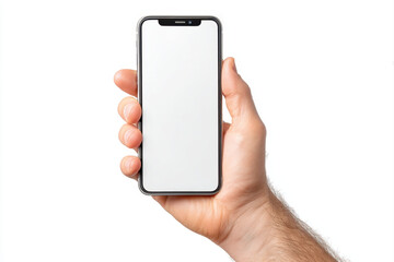 Close up mockup of white blank screen mobile phone held hand isolated white background, showing modern technology and communication with clean