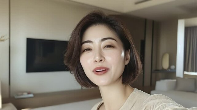 A 40 year old woman with a short hairstyle takes a selfie in the living room