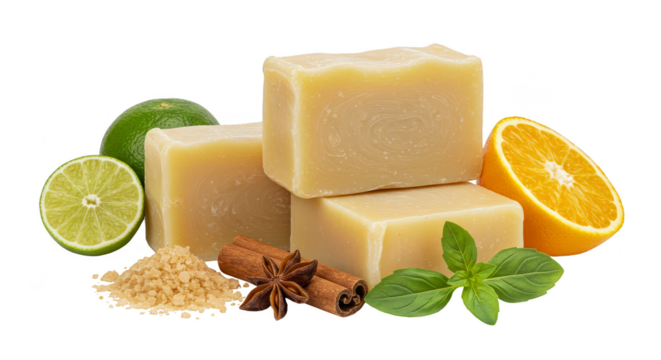 Isolated Transparent Background Handmade Soap with Lime Orange and Herbs