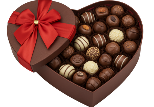 Isolated Transparent Background Heart Shaped Chocolates Box With Red Ribbon