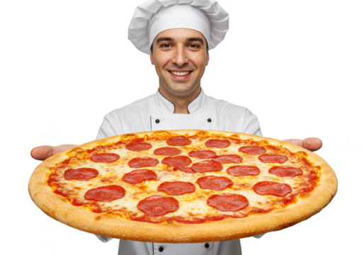 Illustration of Cheerful Chef Holding Delicious Pepperoni Pizza