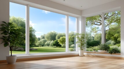Bright and open living room with panoramic garden view