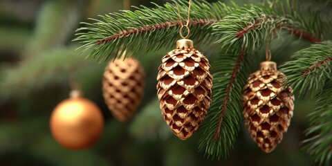 Three brown pine cones hanging from green pine tree branches in natural daylight outdoors.