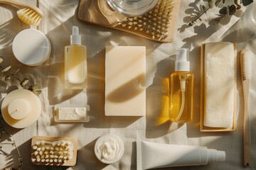 Detailed Color Picture of Flat Lay Frame with Care Products and Copyspace